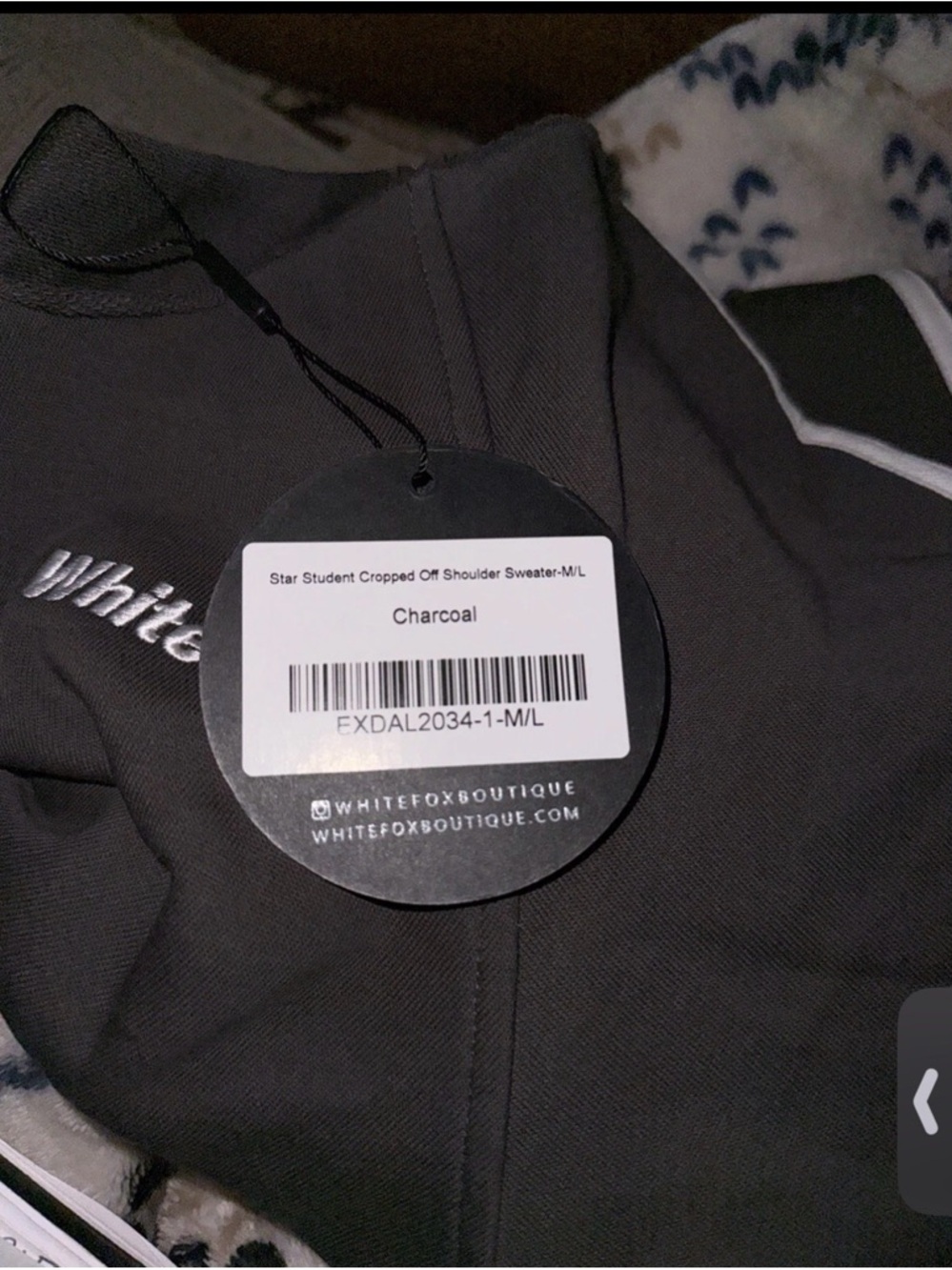 White Fox Boutique Charcoal Off-Shoulder Cropped Sweatshirt - Picture 4 of 4